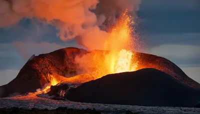 Volcanic Eruption With Glowing Lava Fountain And Smoke