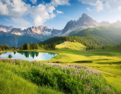 Alpine Lake Landscape With Wildflowers And Mountain Peaks