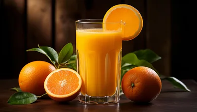 Glass Of Fresh Orange Juice With Whole And Sliced Oranges
