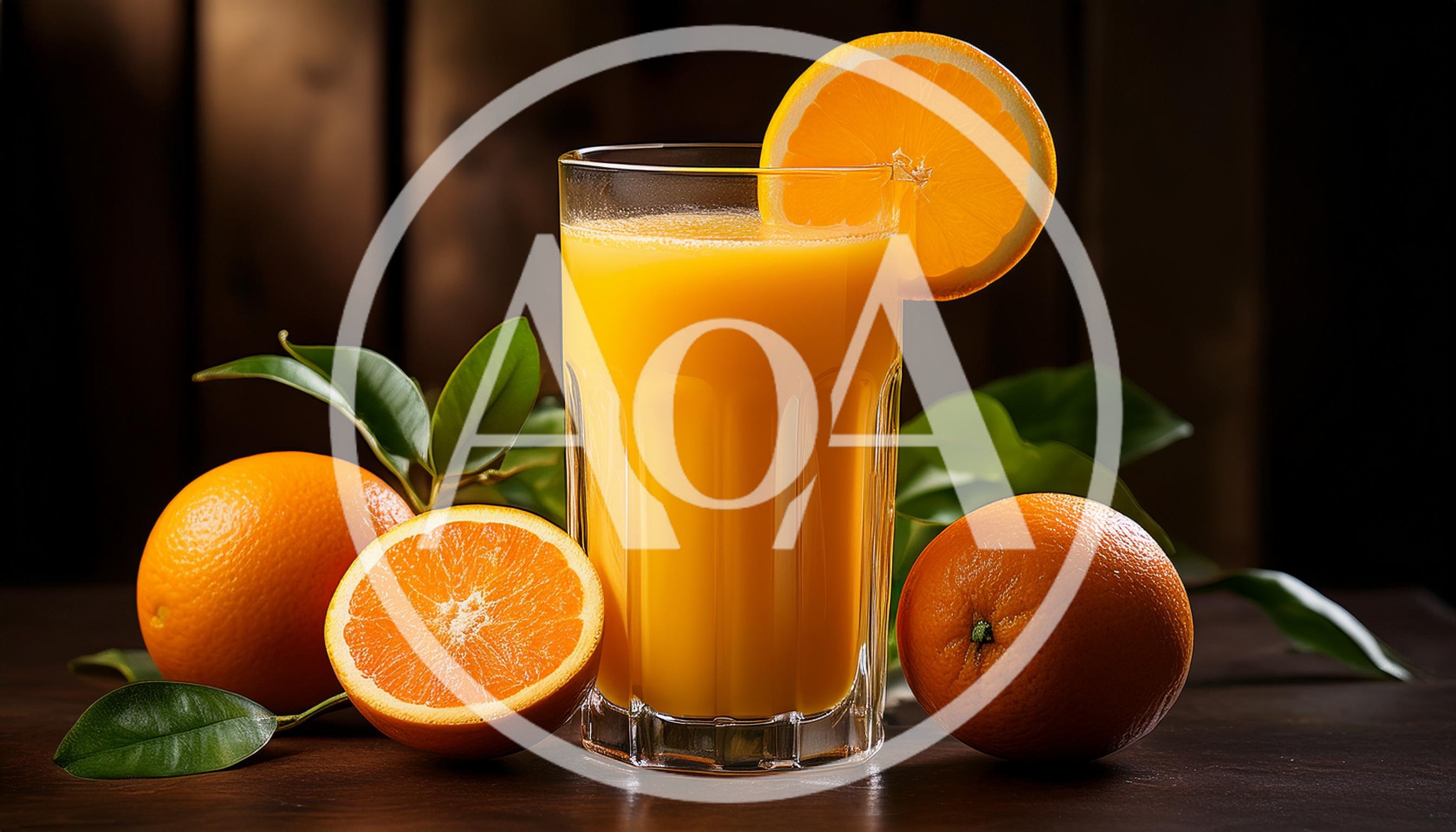 Glass Of Fresh Orange Juice With Whole And Sliced Oranges