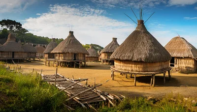 Traditional Thatched Roof Huts In A Tropical Village