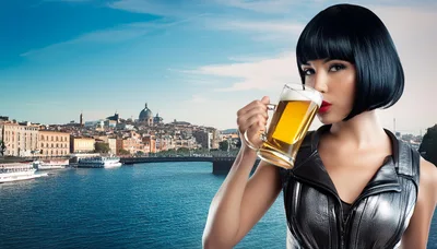 Stylish Woman Drinking Beer With Rome Cityscape Background