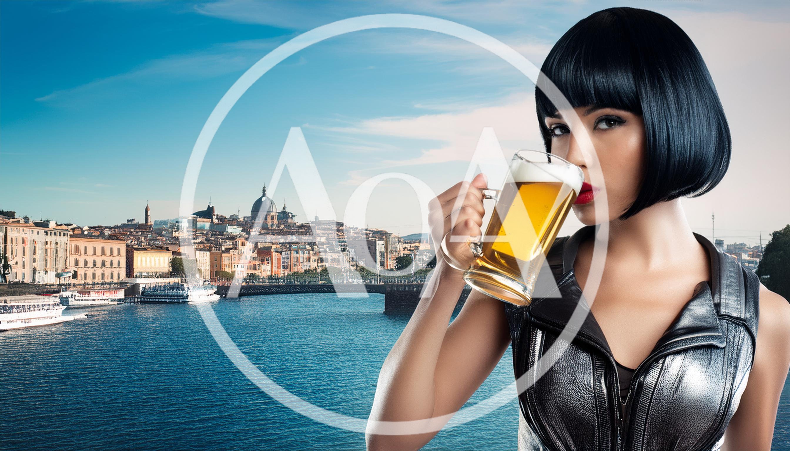 Stylish Woman Drinking Beer With Rome Cityscape Background
