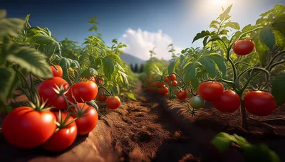 Ripe Red Tomatoes Growing In A Sunny Field