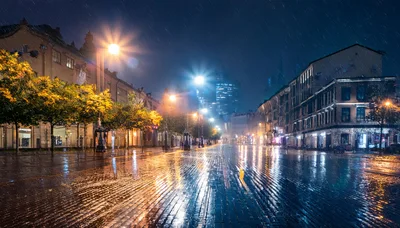 Empty City Street At Night During Rain