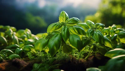 Fresh Green Basil Plants Growing In Garden Soil