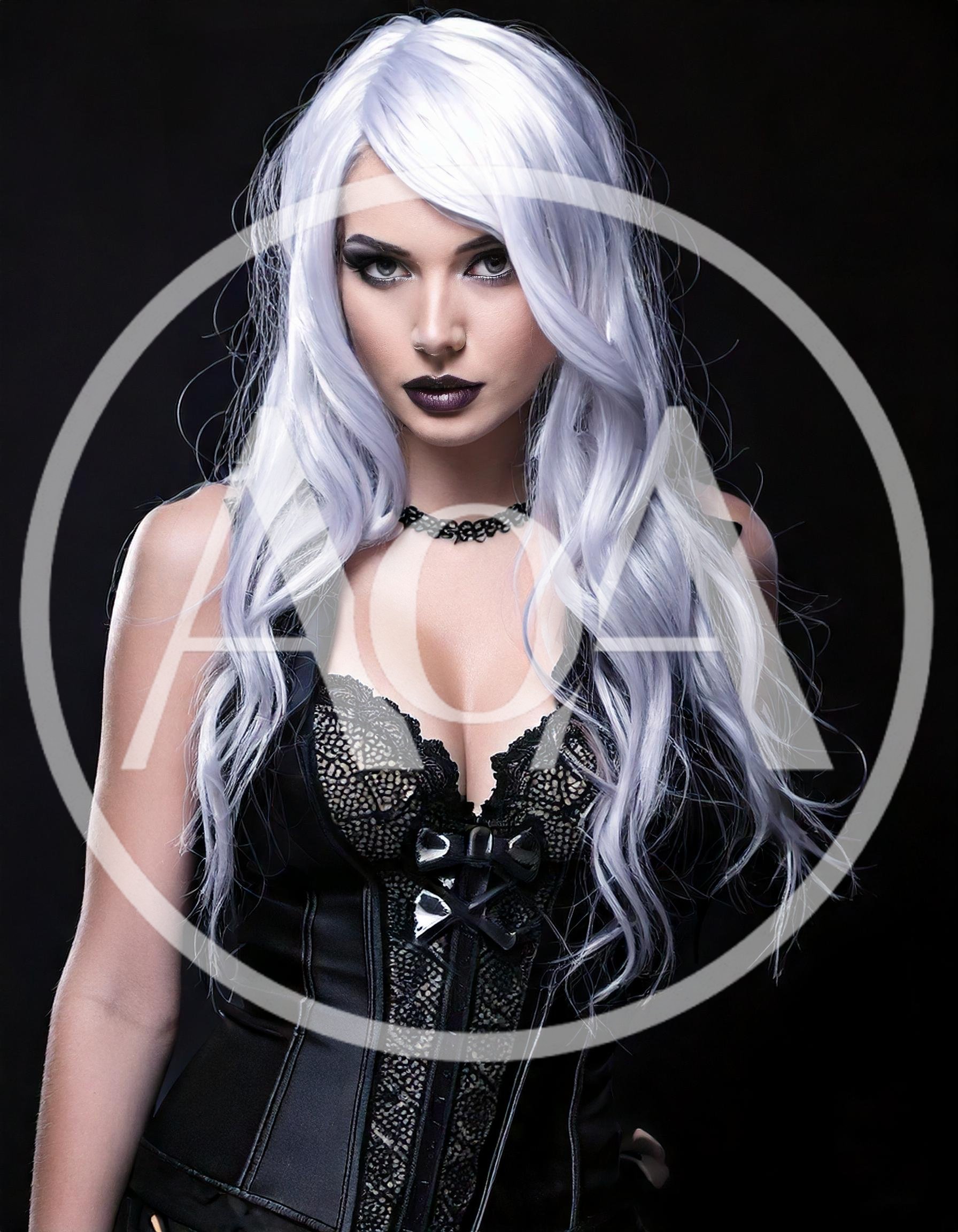 Gothic Woman With Silver Hair In Black Corset