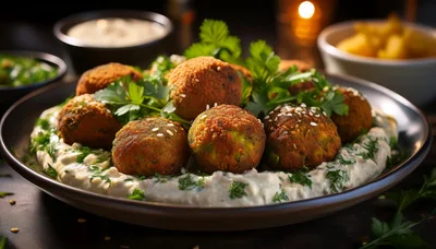 Plate Of Crispy Falafel Balls On Creamy Hummus
