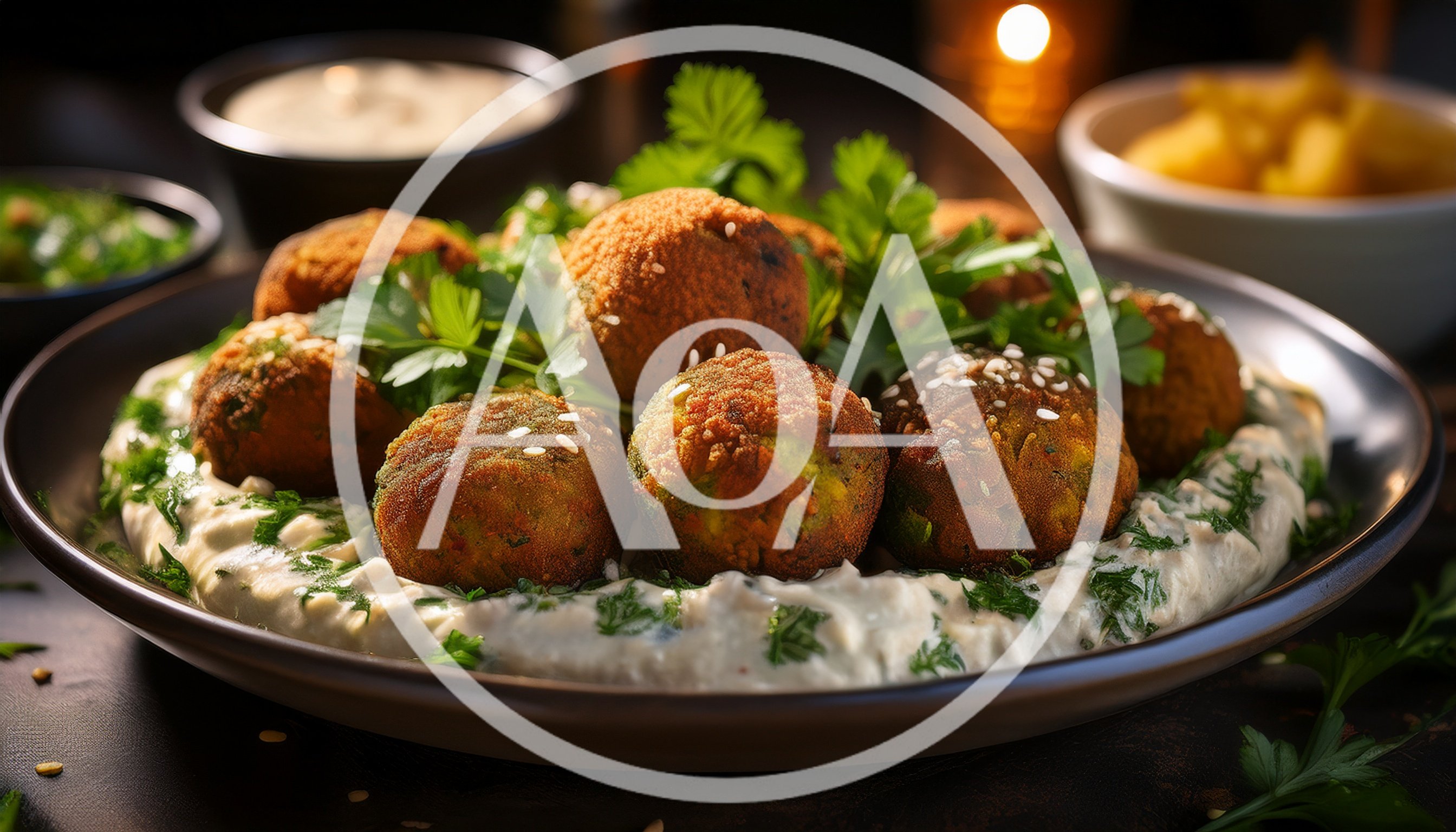 Plate Of Crispy Falafel Balls On Creamy Hummus