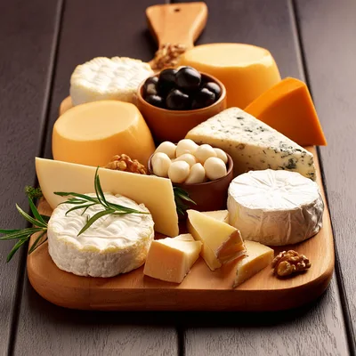 Gourmet Cheese Board With Assorted Cheeses And Olives