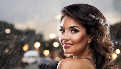 Beautiful Woman Smiling In The Rain At Night