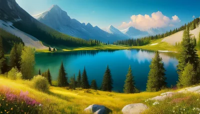 Alpine Lake Surrounded By Mountains And Pine Forest