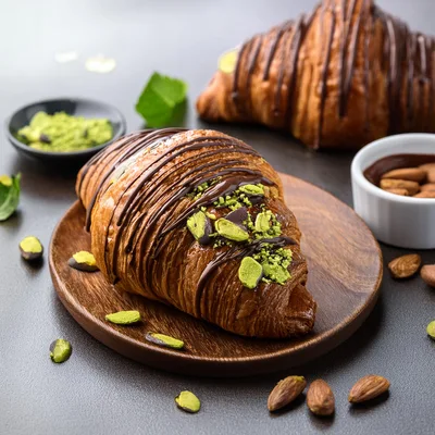 Chocolate Drizzled Croissant With Pistachios On Wooden Plate