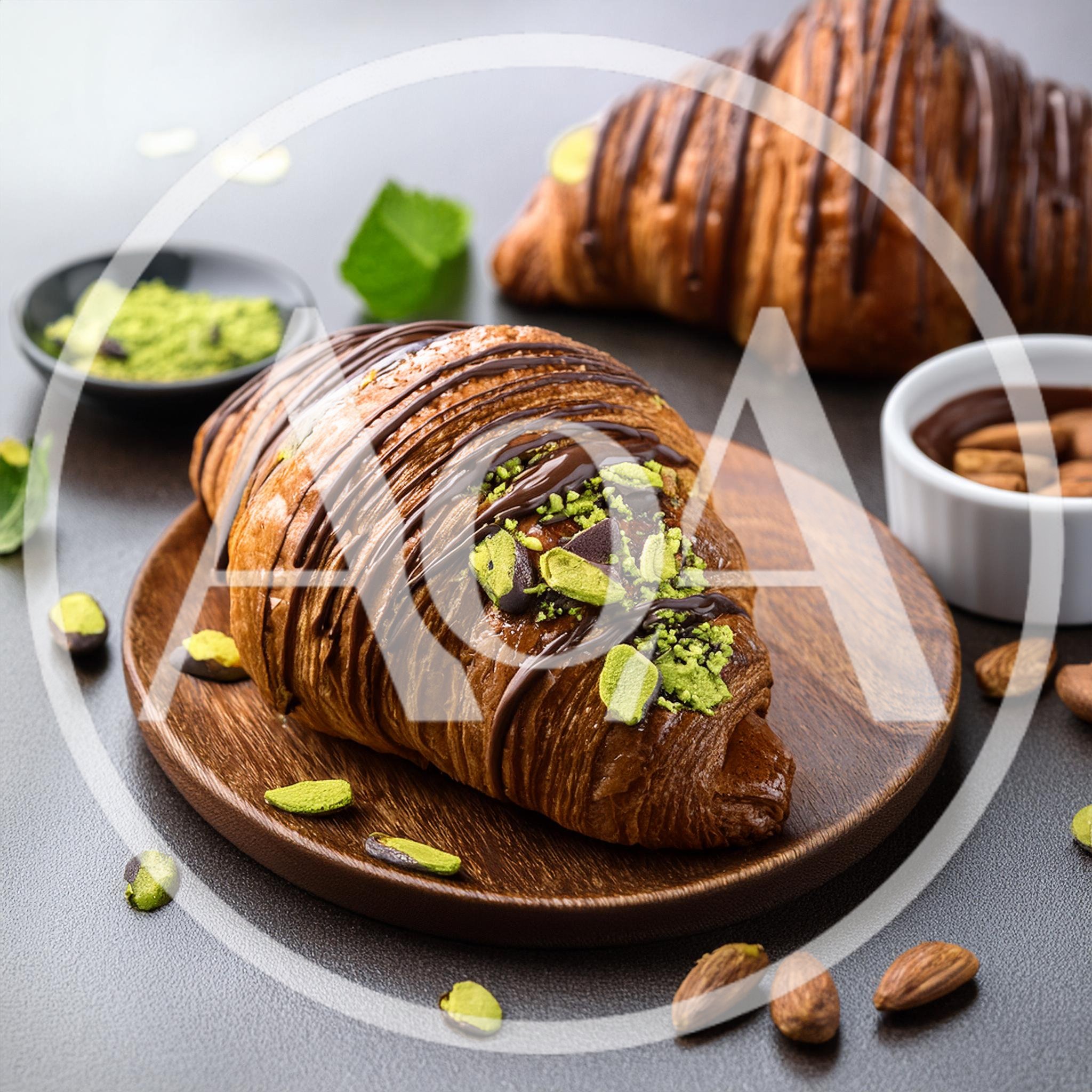 Chocolate Drizzled Croissant With Pistachios On Wooden Plate