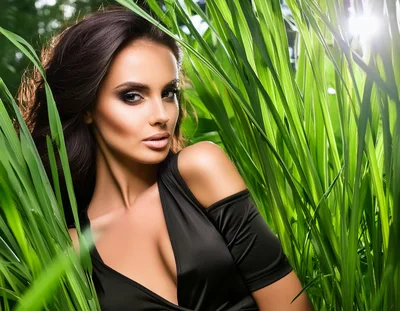Beautiful Woman Posing Amidst Tall Green Grass