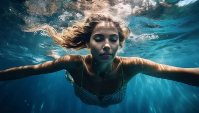 Woman Swimming Underwater In A Sparkling Blue Pool
