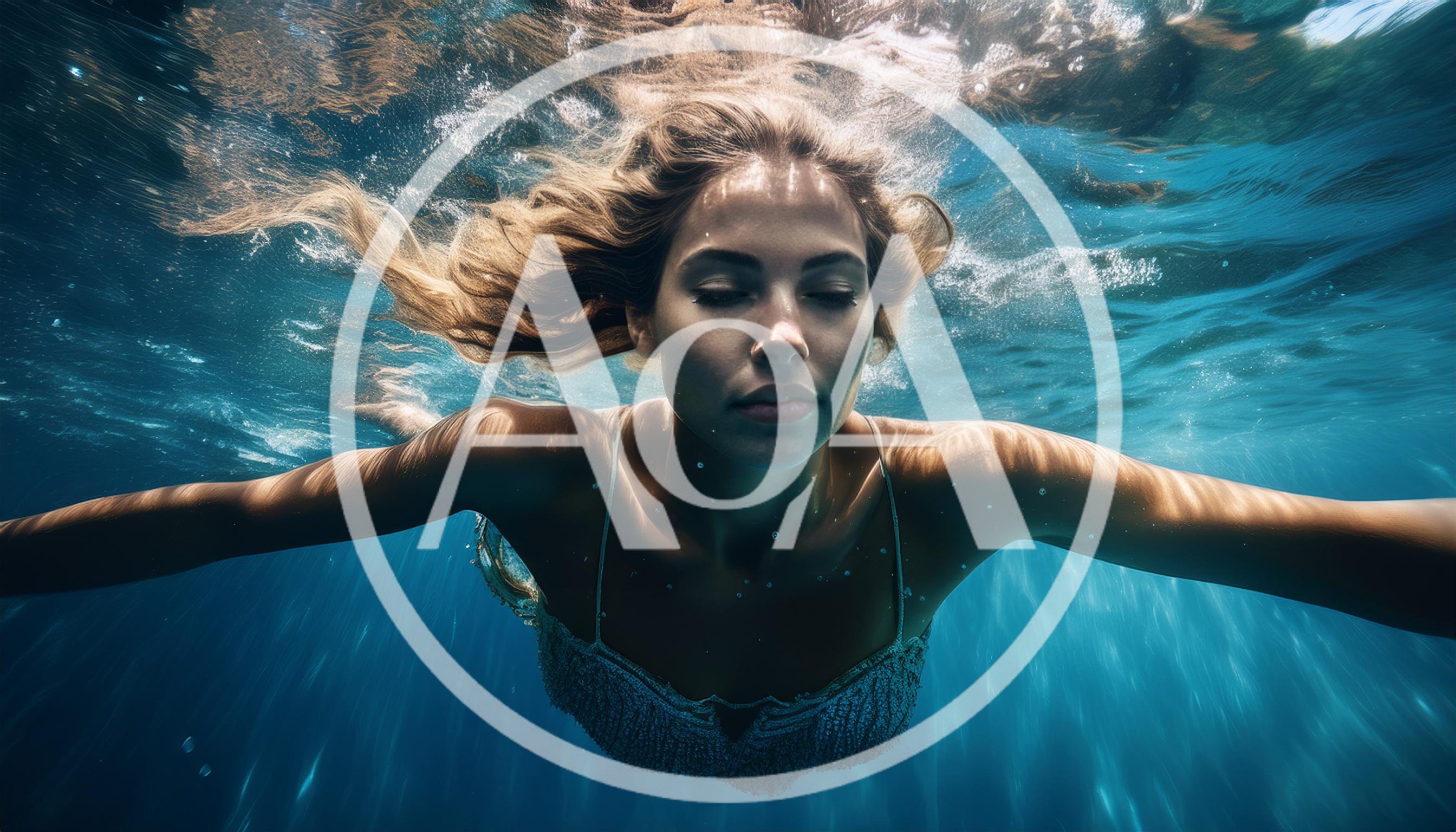 Woman Swimming Underwater In A Sparkling Blue Pool