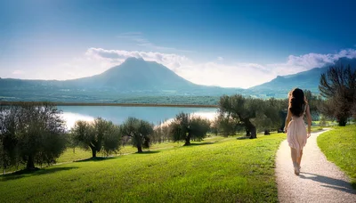 Woman Walking Along A Scenic Lake Path