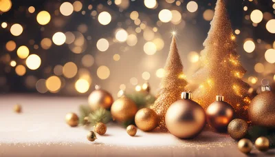 Golden Christmas Trees And Ornaments With Bokeh Background