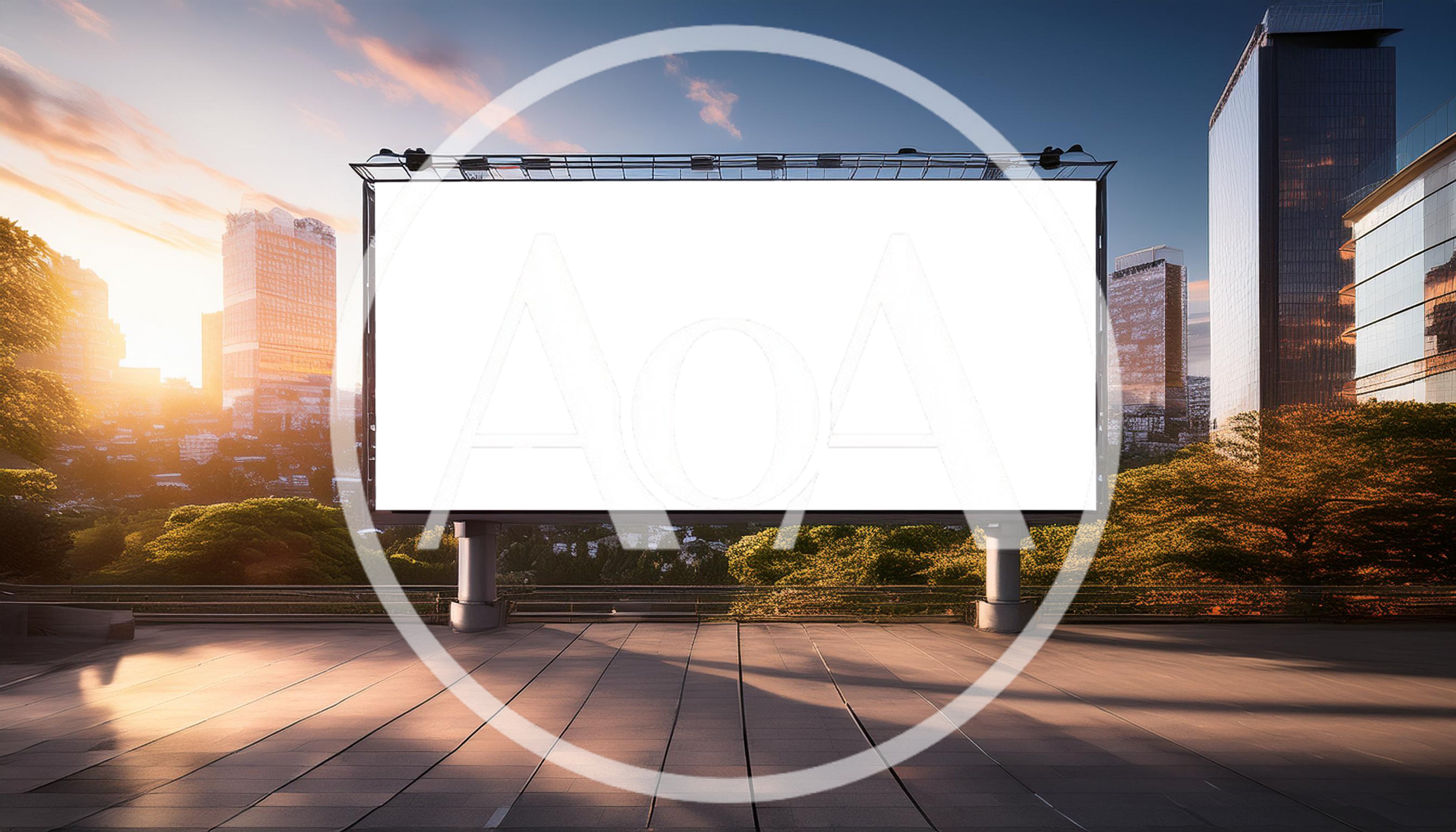 Blank Billboard Mockup in Modern Cityscape at Sunset