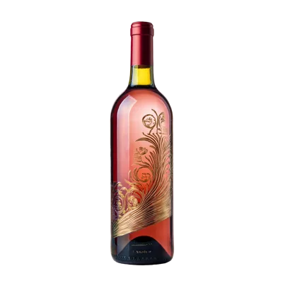 Elegant Rose Wine Bottle With Gold Embossed Peacock Design