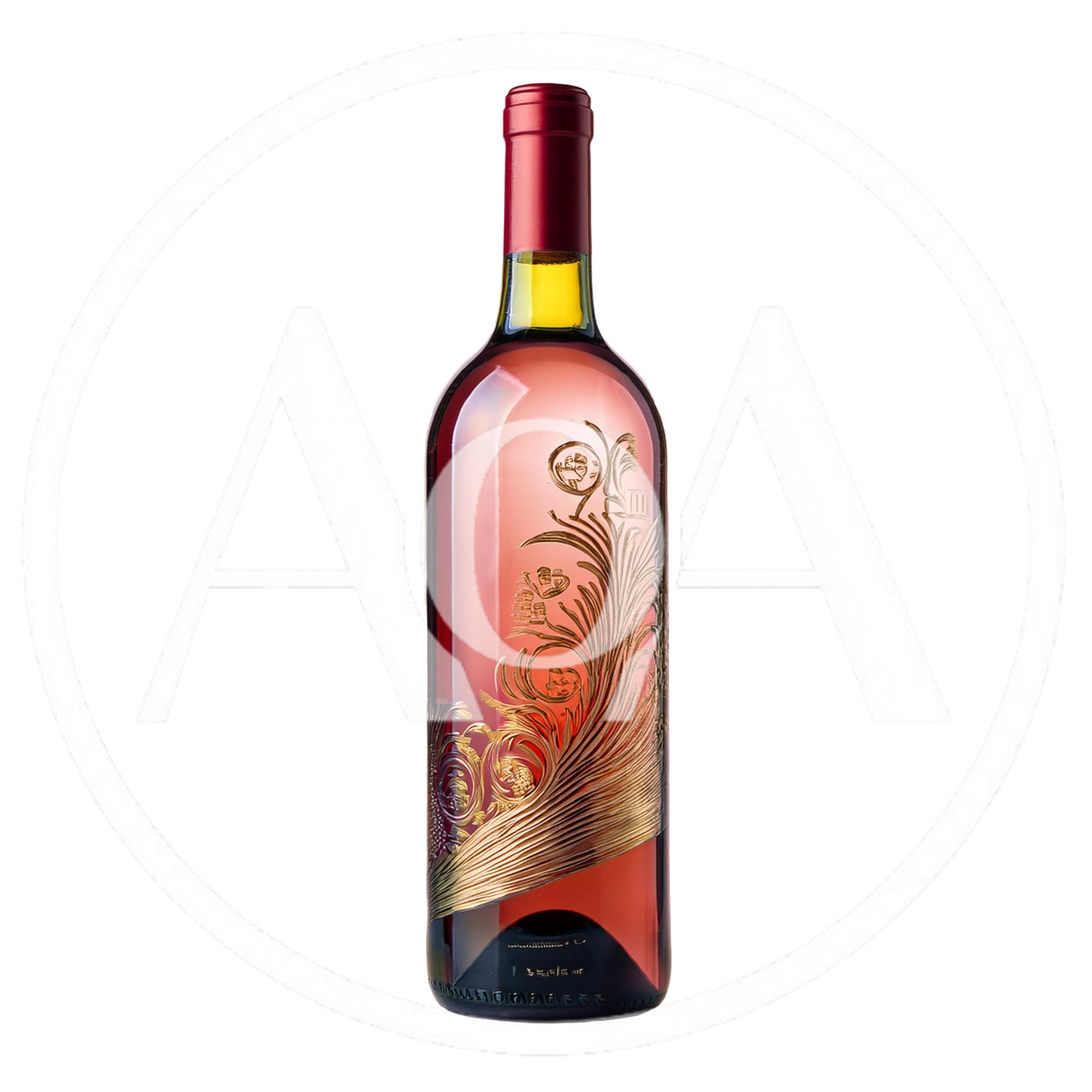 Elegant Rose Wine Bottle With Gold Embossed Peacock Design