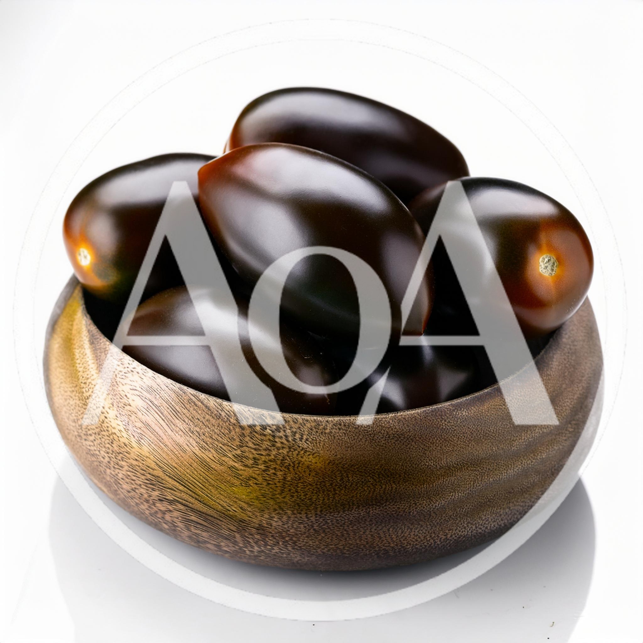 Dark Purple Plum Tomatoes In A Wooden Bowl