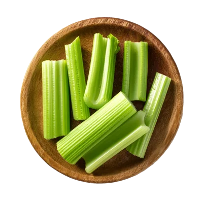 Fresh Celery Sticks On A Wooden Plate