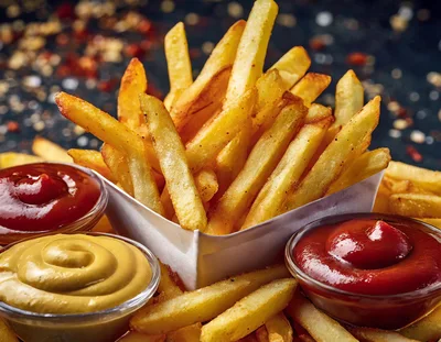 Crispy French Fries With Ketchup And Mustard Dips