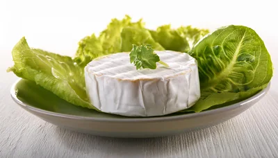 Camembert Cheese Wheel Served On Fresh Lettuce Leaves