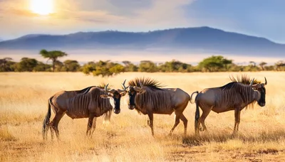 Three Wildebeest Standing in the African Savanna