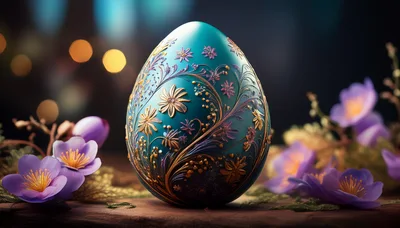 Ornate Teal Easter Egg With Floral Decorations