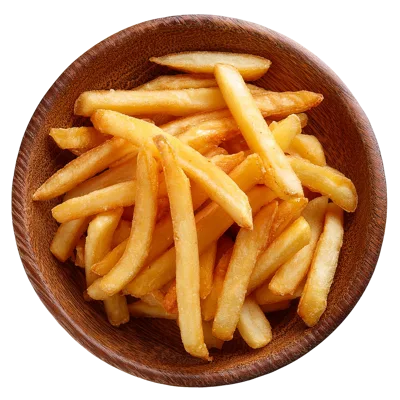 Golden French Fries In A Wooden Bowl