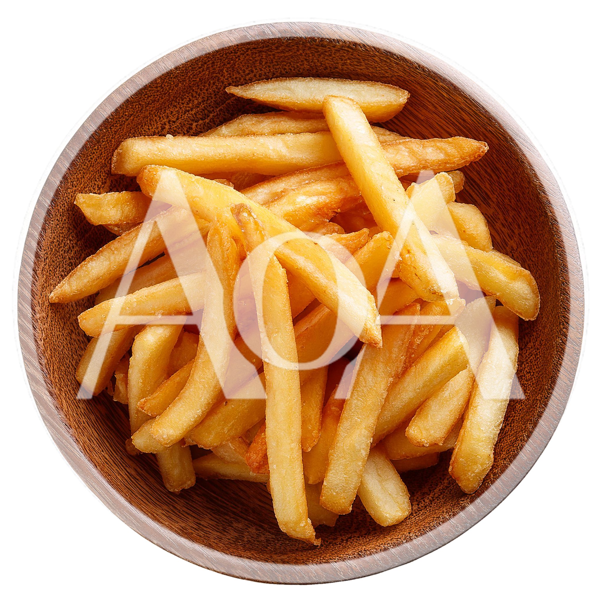 Golden French Fries In A Wooden Bowl