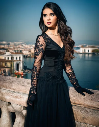 Elegant Woman In Black Lace Dress Overlooking Venice