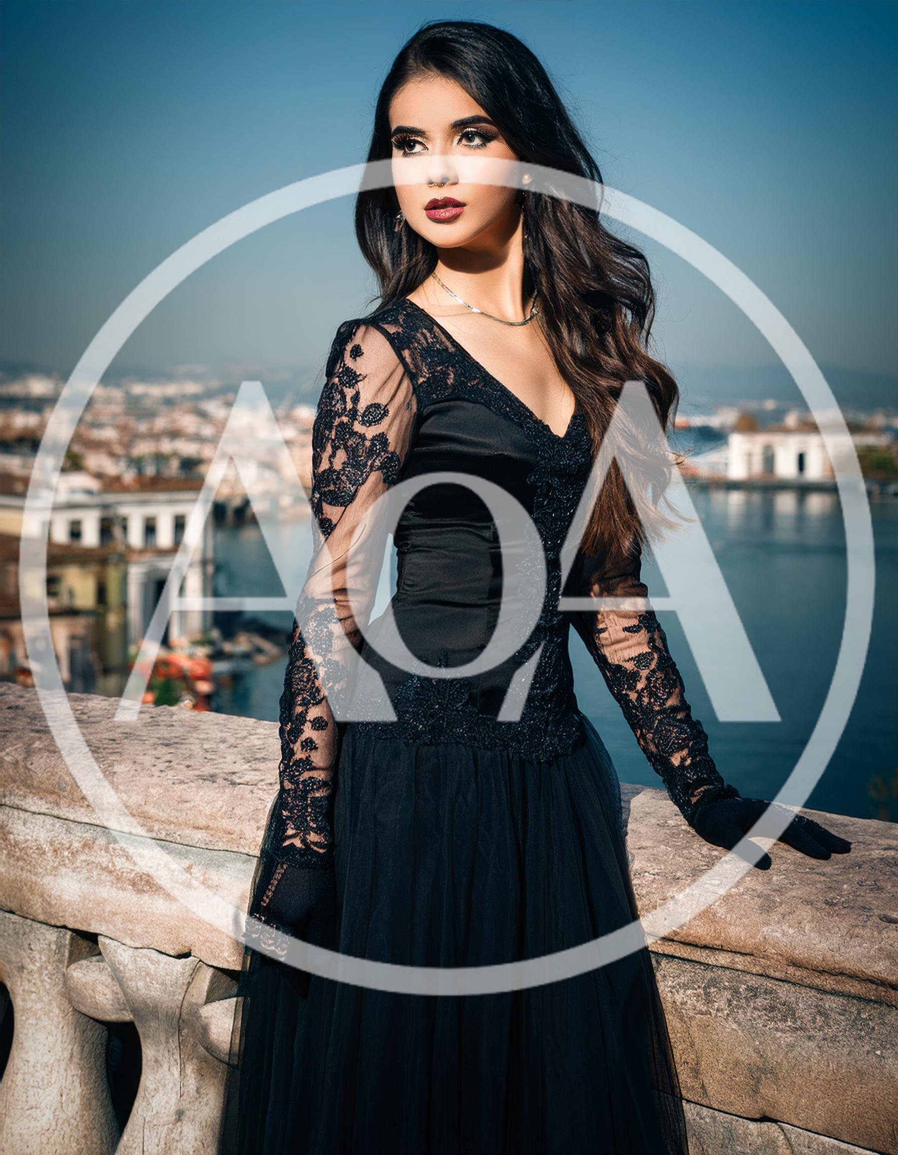 Elegant Woman In Black Lace Dress Overlooking Venice