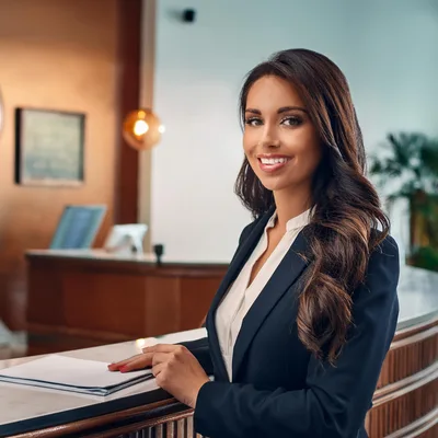 Professional Hotel Receptionist Smiling At Front Desk