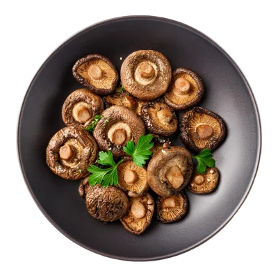 Roasted Shiitake Mushrooms Served In A Dark Bowl
