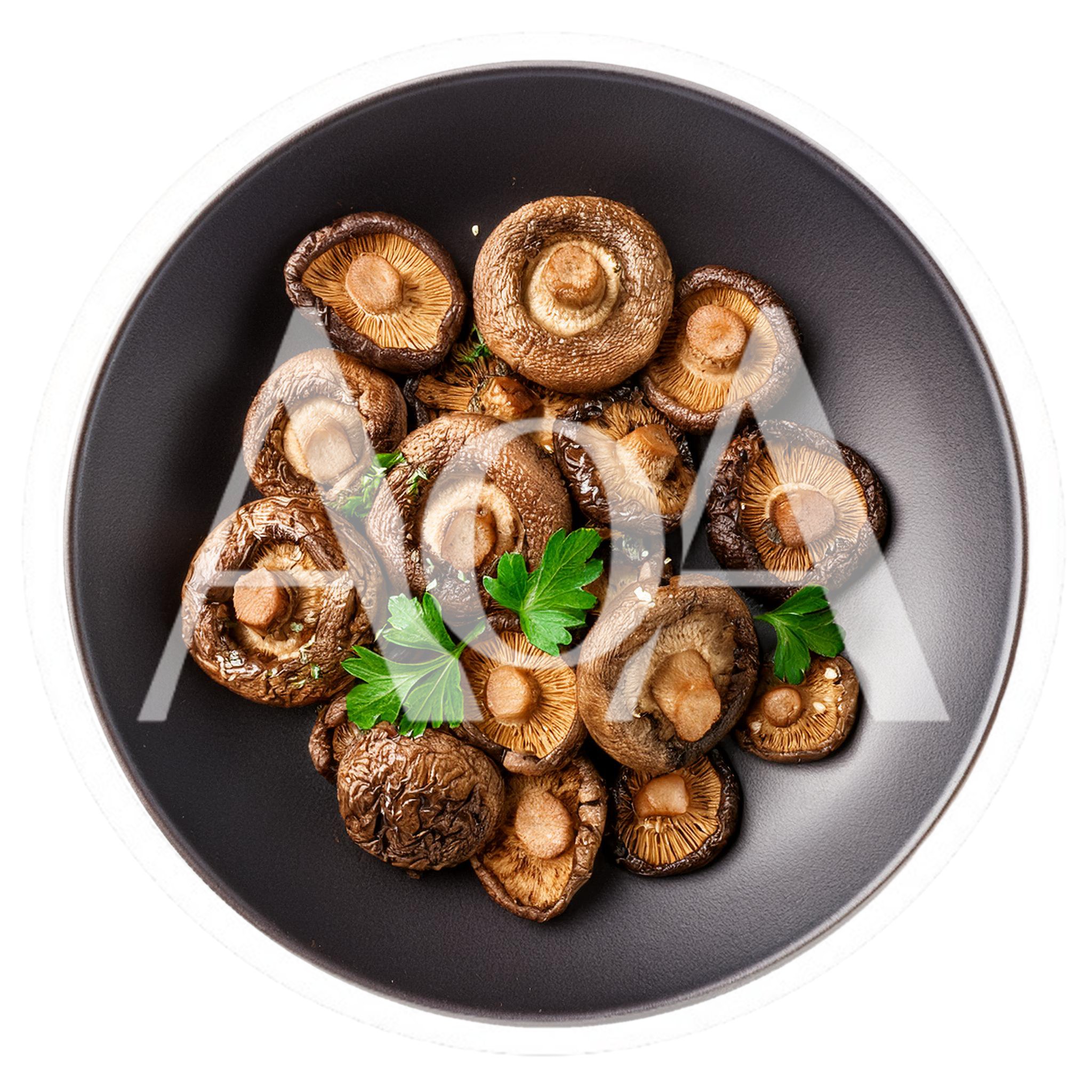 Roasted Shiitake Mushrooms Served In A Dark Bowl