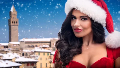 Beautiful Woman Wearing Santa Hat Against Snowy Italian Cityscape