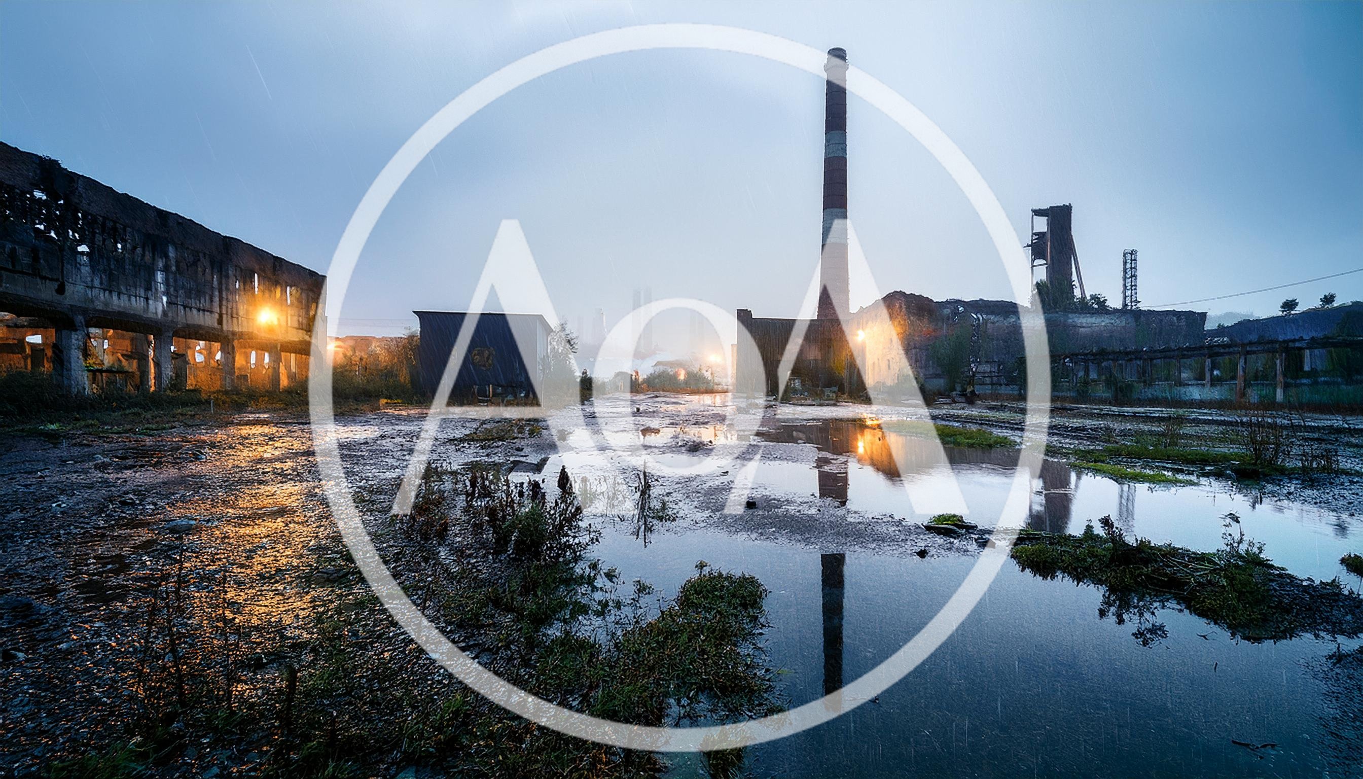 Abandoned Industrial Factory Complex At Twilight