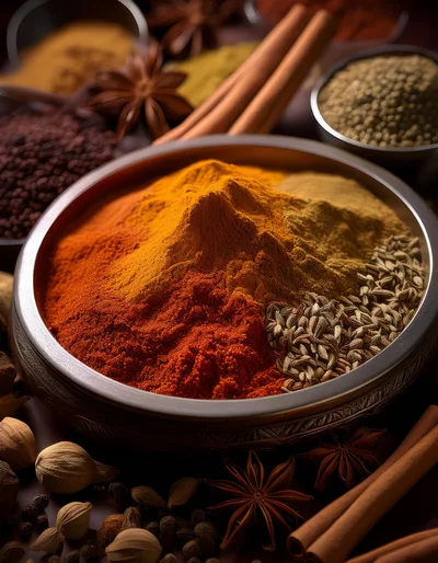 Assorted Spices In A Decorative Metal Bowl