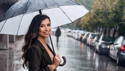 Smiling Woman Holding Umbrella Walking On Rainy City Street