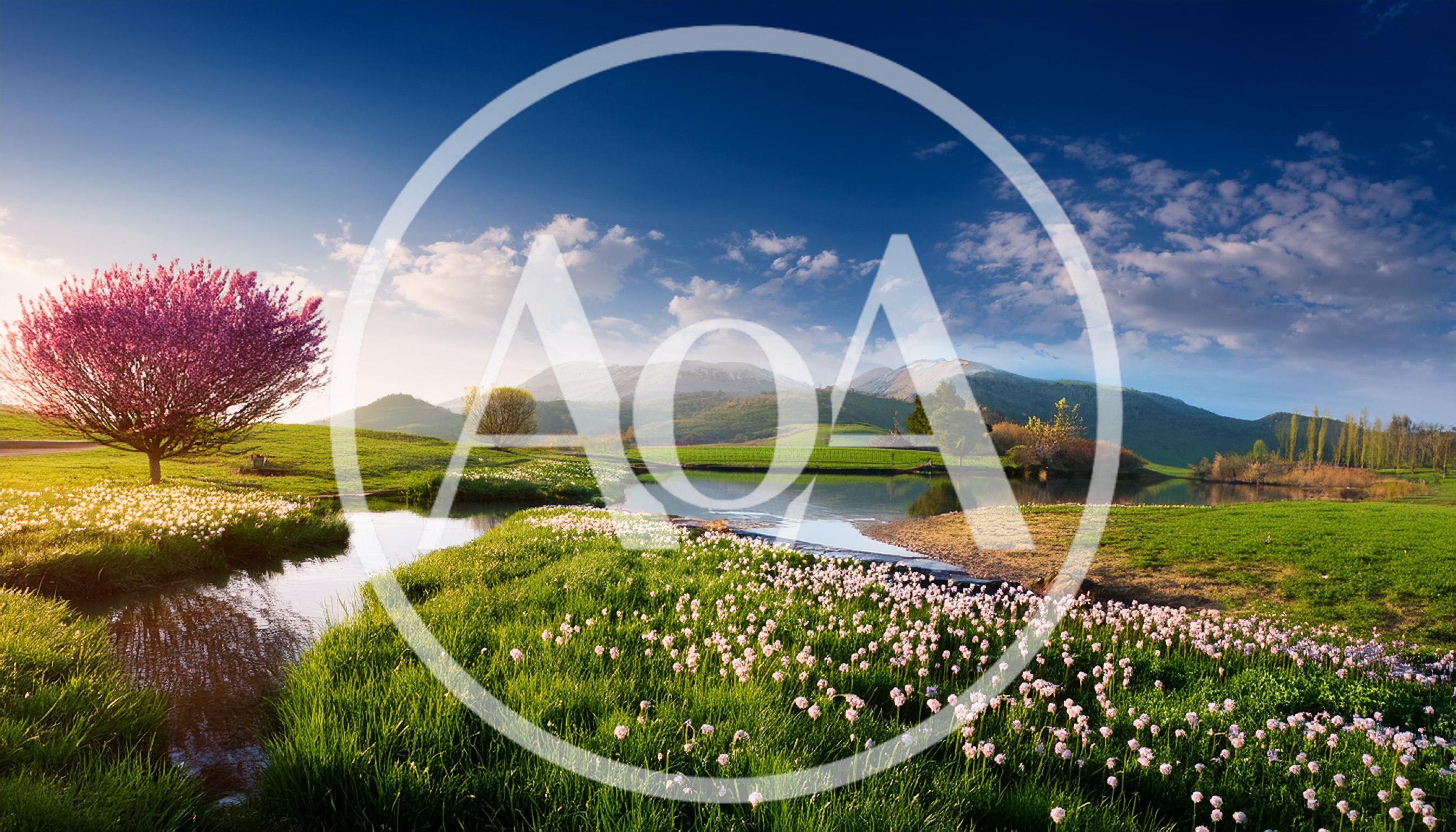 Spring Landscape With Flowering Tree And Mountain Stream