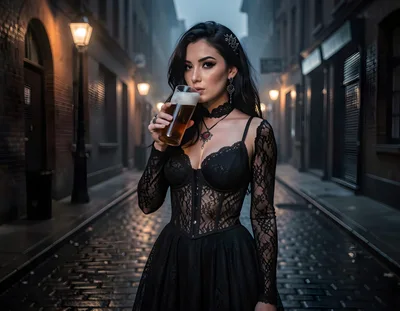 Gothic Woman Drinking Beer In A Foggy Alleyway
