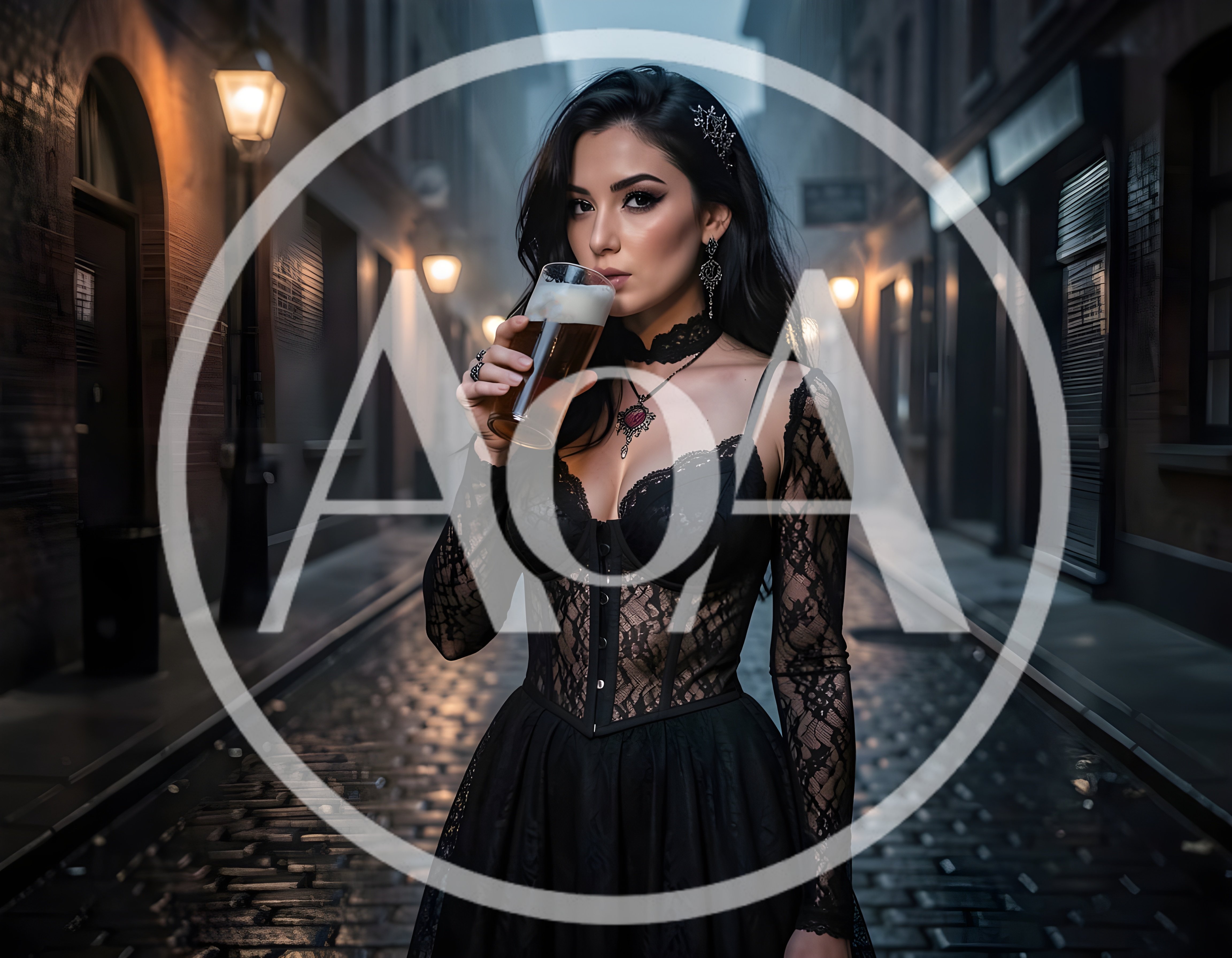 Gothic Woman Drinking Beer In A Foggy Alleyway