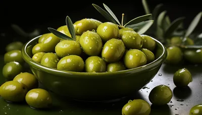 Fresh Green Olives In A Ceramic Bowl