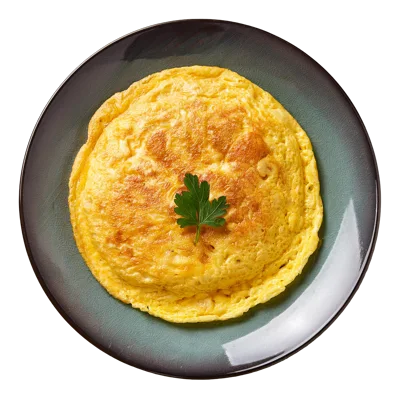 Golden Omelet Served On A Dark Ceramic Plate