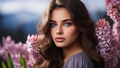 Portrait Of A Beautiful Young Woman With Hyacinth Flowers