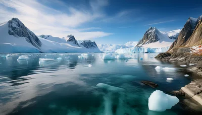 Antarctic Landscape With Glacial Icebergs And Snow Covered Mountains